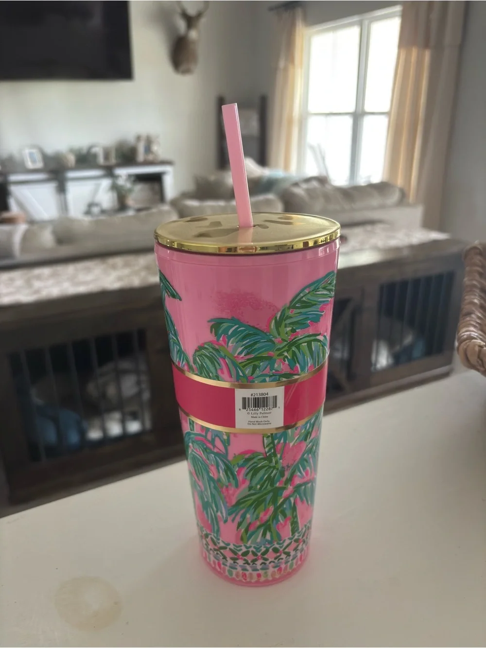 Lilly Pulitzer Pink Palm-Print Tumbler with Gold Trim and Straw